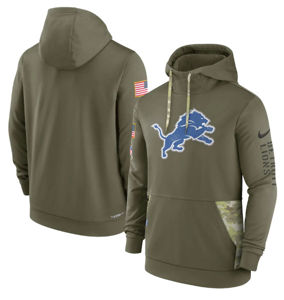 Men's Detroit Lions 2022 Olive Salute to Service Therma Performance Pullover Hoodie